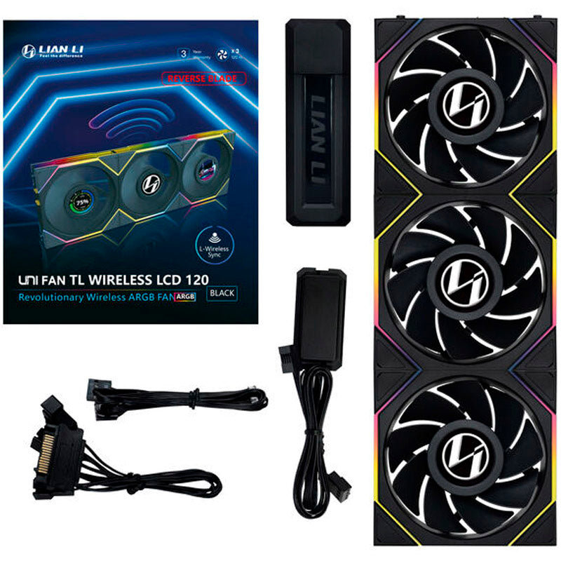 Ventilador Lian Li Uni Fan TL120 Wireless LCD ARGB Reverse Blade 120mm Triple Pack Negro