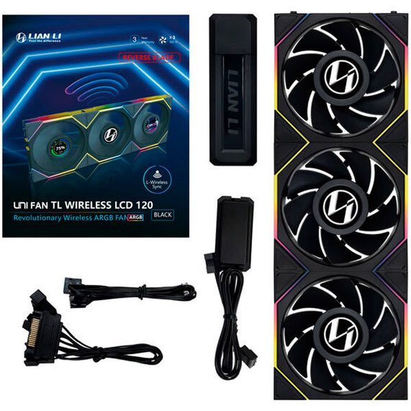 Ventilador Lian Li Uni Fan TL120 Wireless LCD ARGB Reverse Blade 120mm Triple Pack Negro